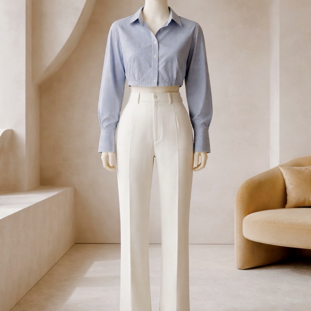 Free People Light Blue Striped Crop Button-Up Shirt